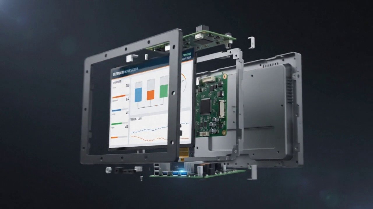 Exploded view of an IronView industrial monitor — capacitive glass, LCD panel, controller board and metal chassis
