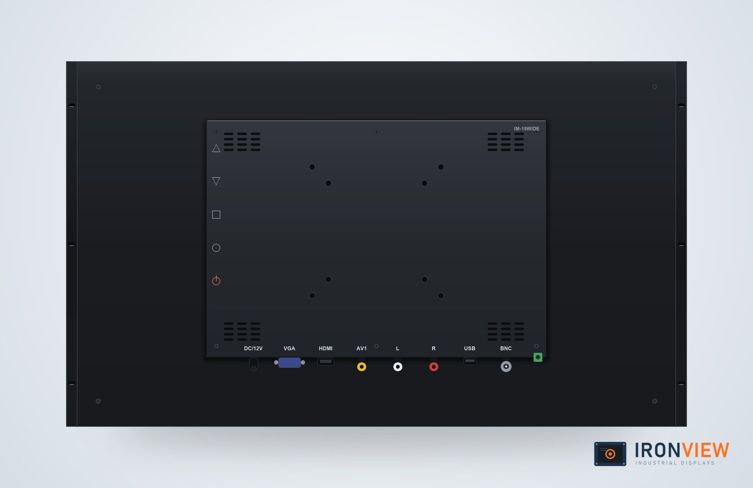 Rear of IronView industrial monitor showing VGA, HDMI, DVI, BNC, AV and USB ports plus VESA mount