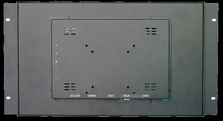 IronView 17.3 inch industrial monitor rear photo with DC, HDMI, DVI, VGA and USB ports