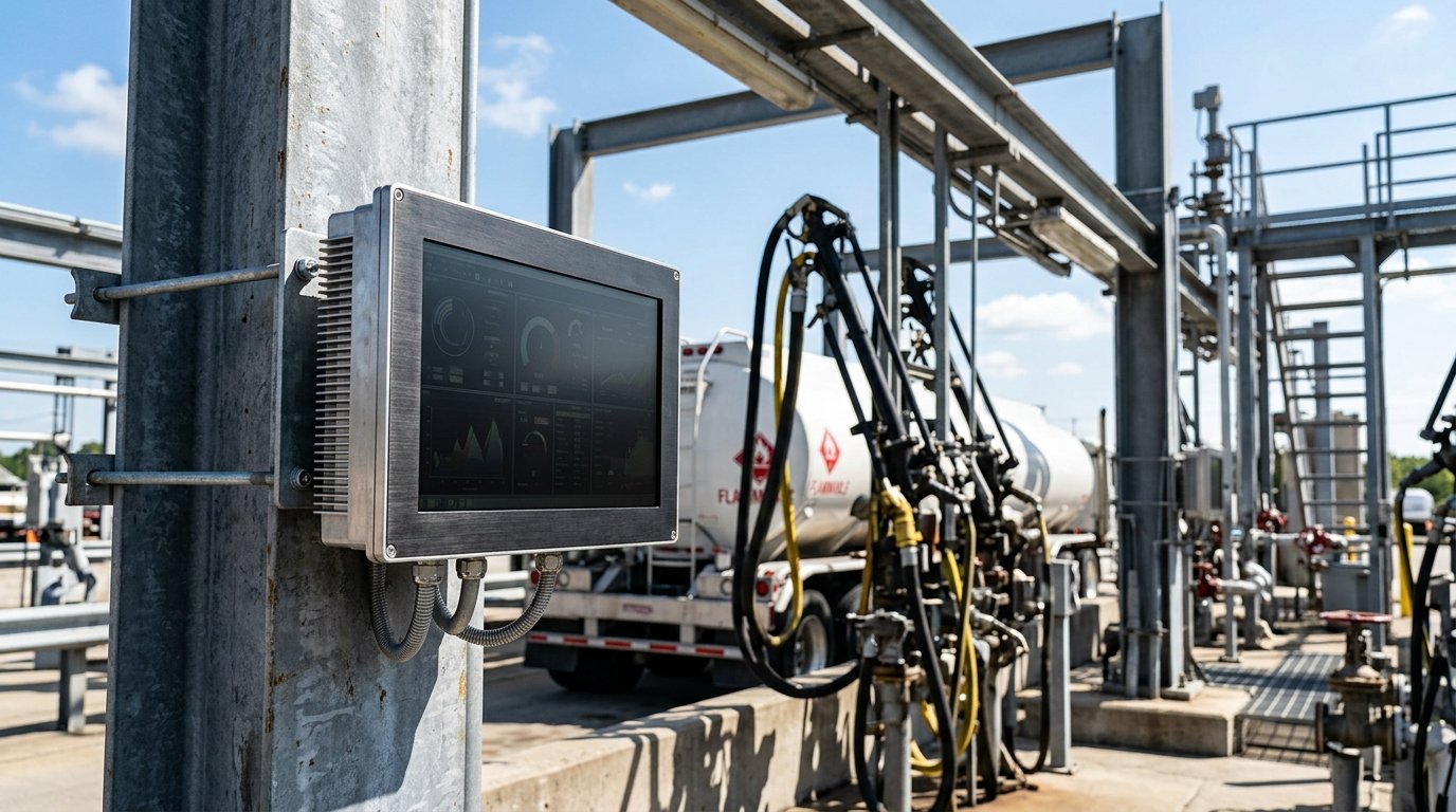 Gantry-mounted loading rack display Loading rack monitors: sunlight-readable display mounted on a gantry post