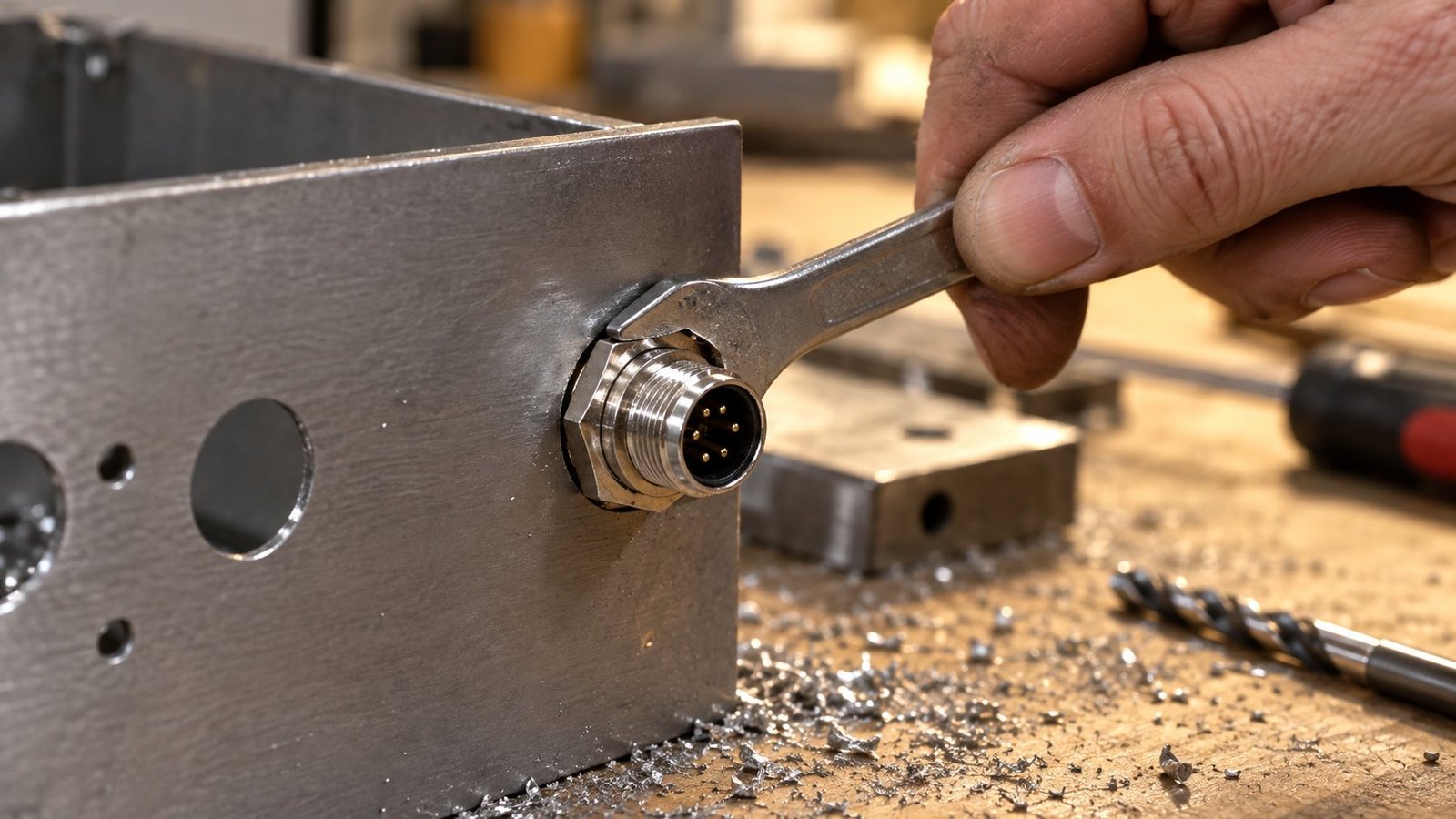 Fitting an M12 bulkhead connector Hand tightening an M12 bulkhead connector into a drilled steel panel cutout with a spanner