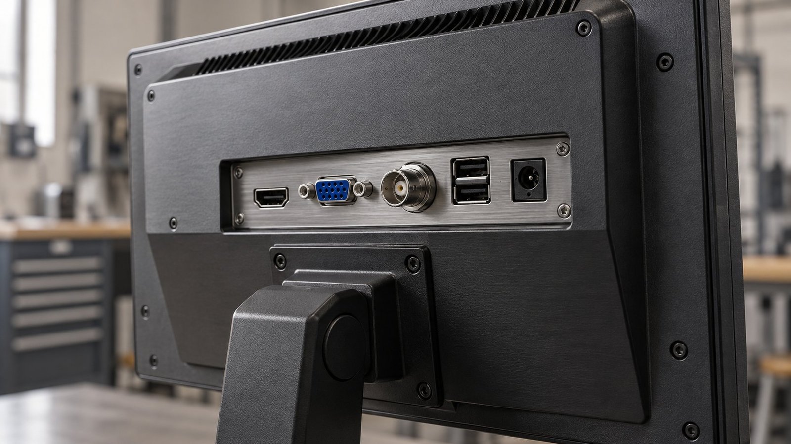 Industrial monitor input ports Industrial monitor input ports on a rear I/O panel with HDMI, VGA, BNC and USB