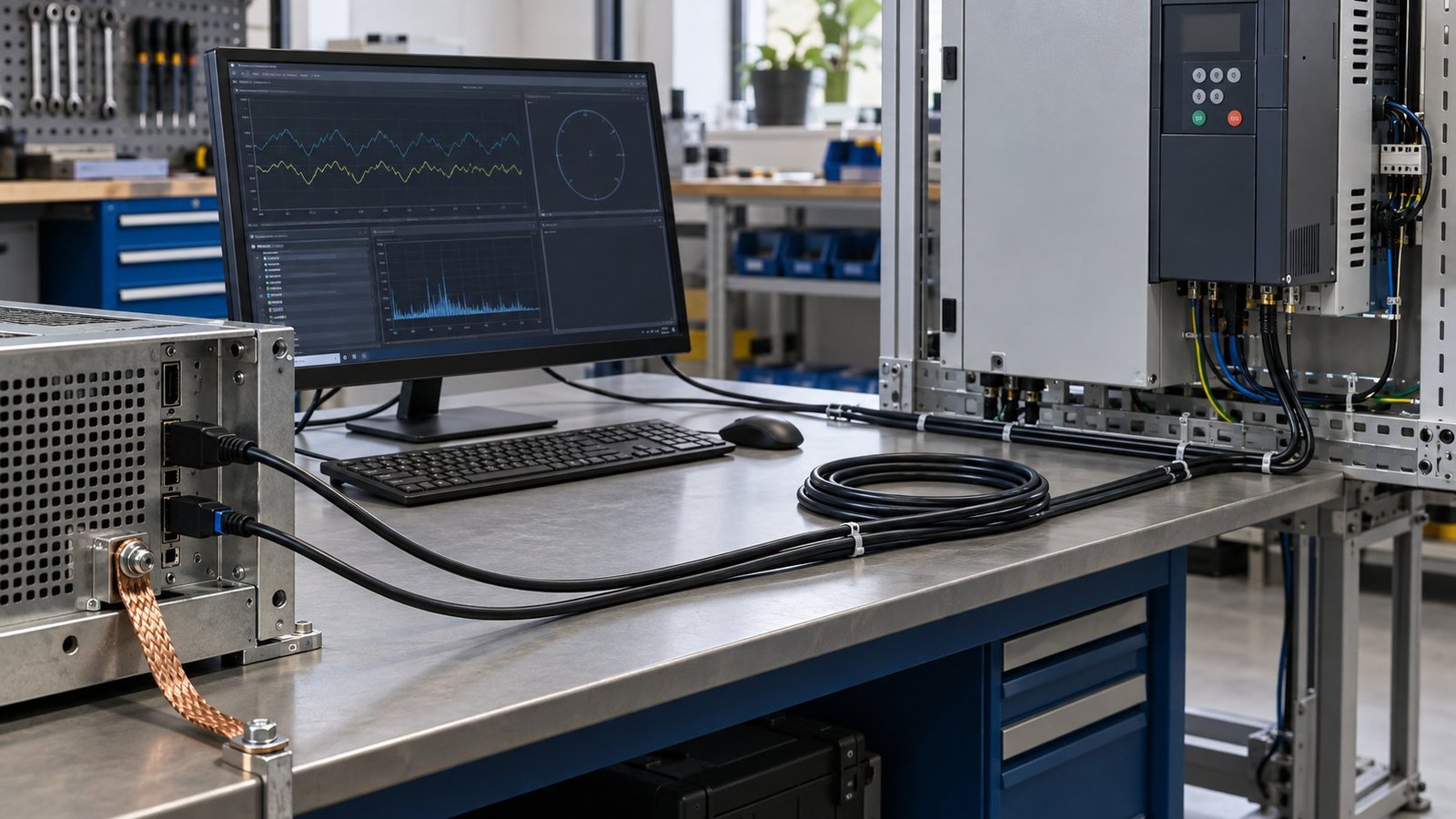 Port-level EMC test setup Industrial monitor EMC test setup with long HDMI cable near VFD equipment