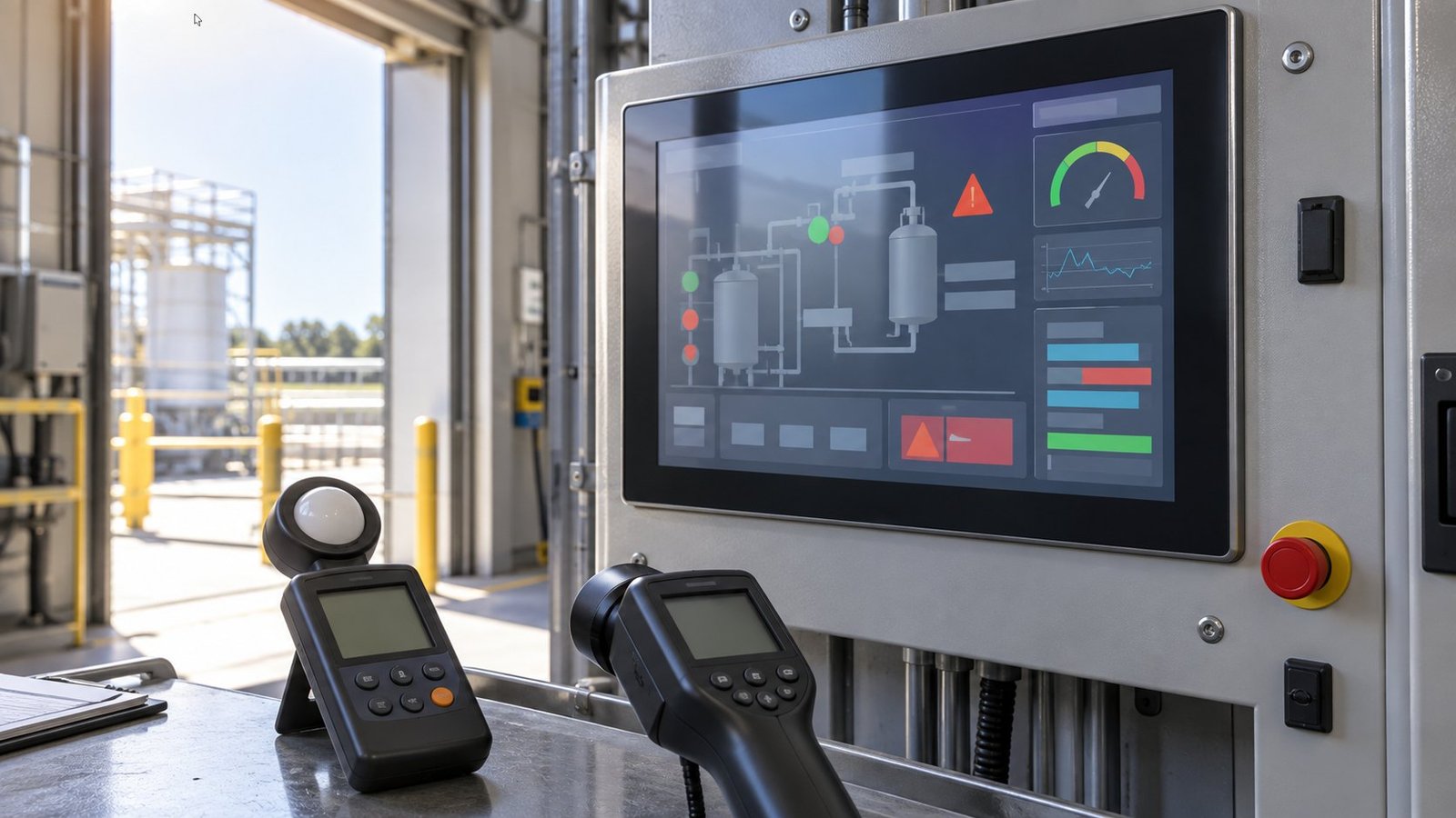 Measure readability at the installation sunlight readable industrial monitor with lux and luminance meters at a factory installation