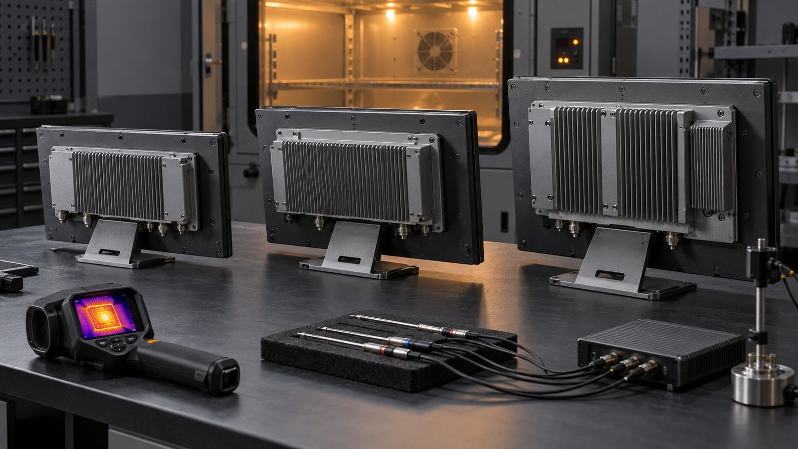Fanless industrial display monitors arranged for thermal comparison