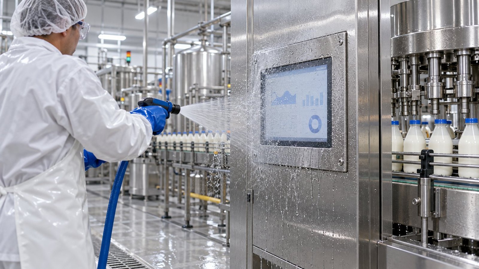Washdown-rated monitor under spray IP69K washdown monitor mounted flush on a stainless food production line during hose-down cleaning