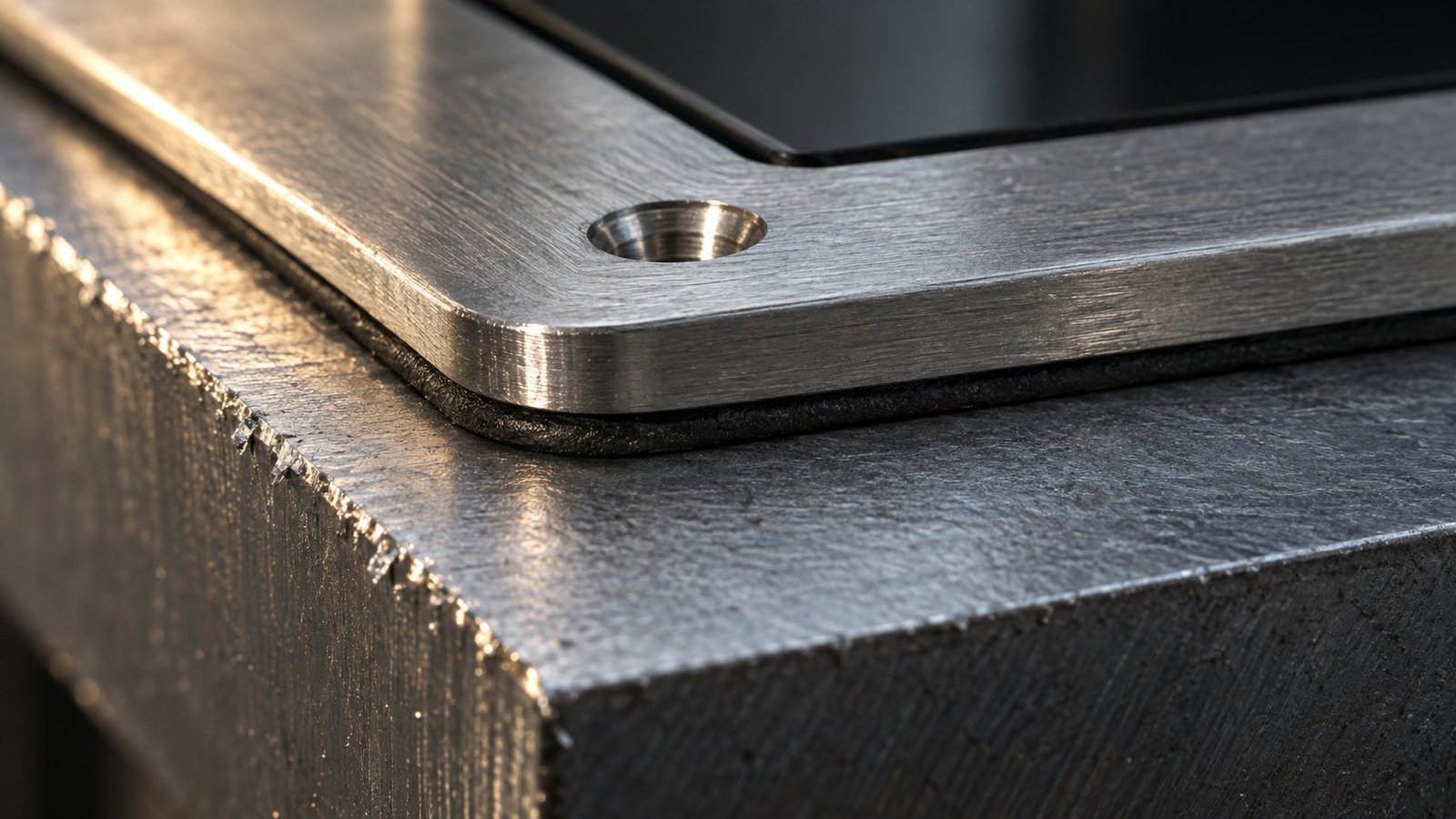 Flange overlap detail Close-up of an einbau monitore mit frontplatte mounting flange overlapping a steel panel cutout edge