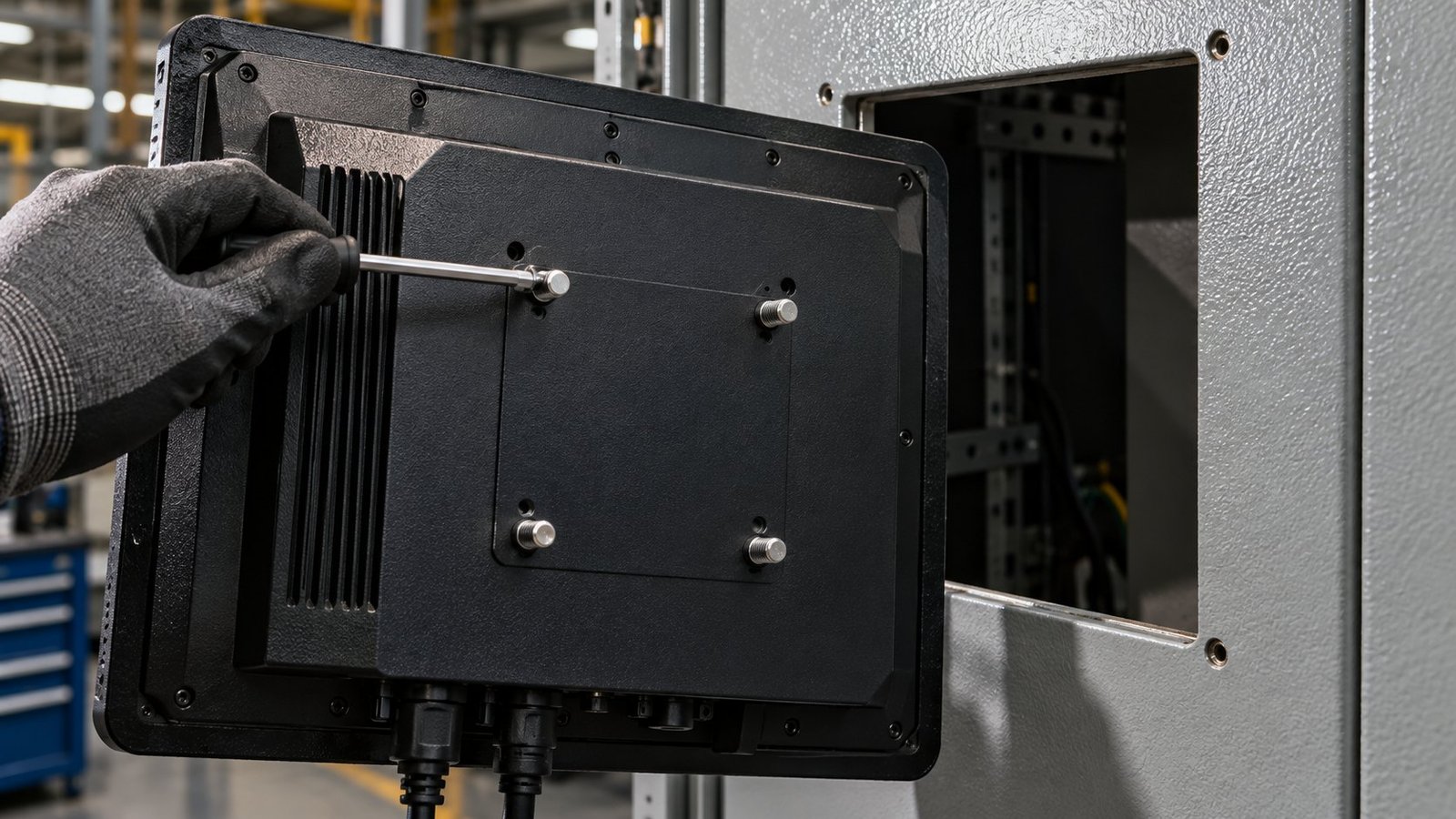Cutout fit check Rear of a 19 inch industrial monitor held against a cabinet cutout during a fit check