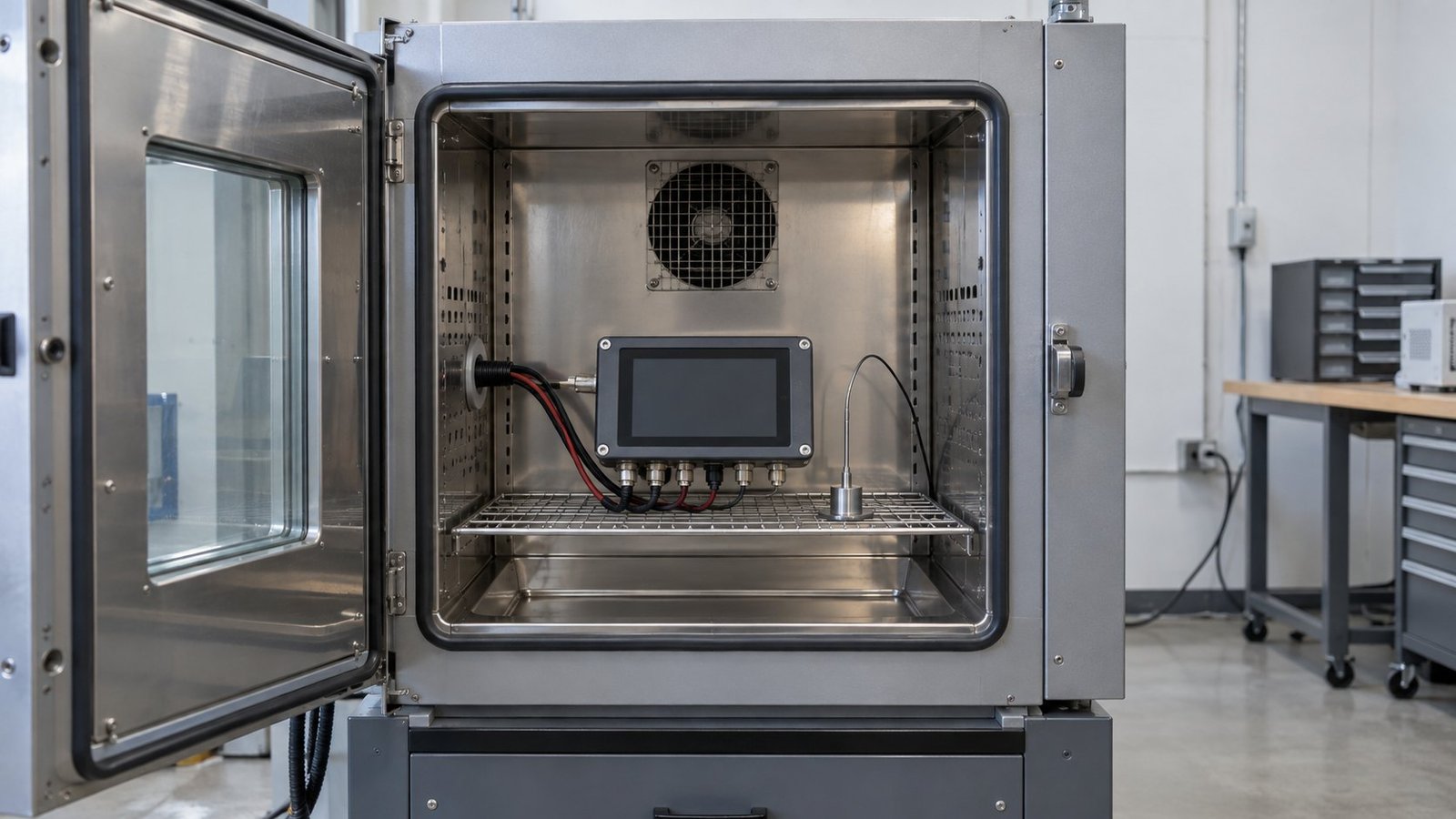 Thermal test conditions Wide temperature industrial monitor being evaluated in a thermal test chamber