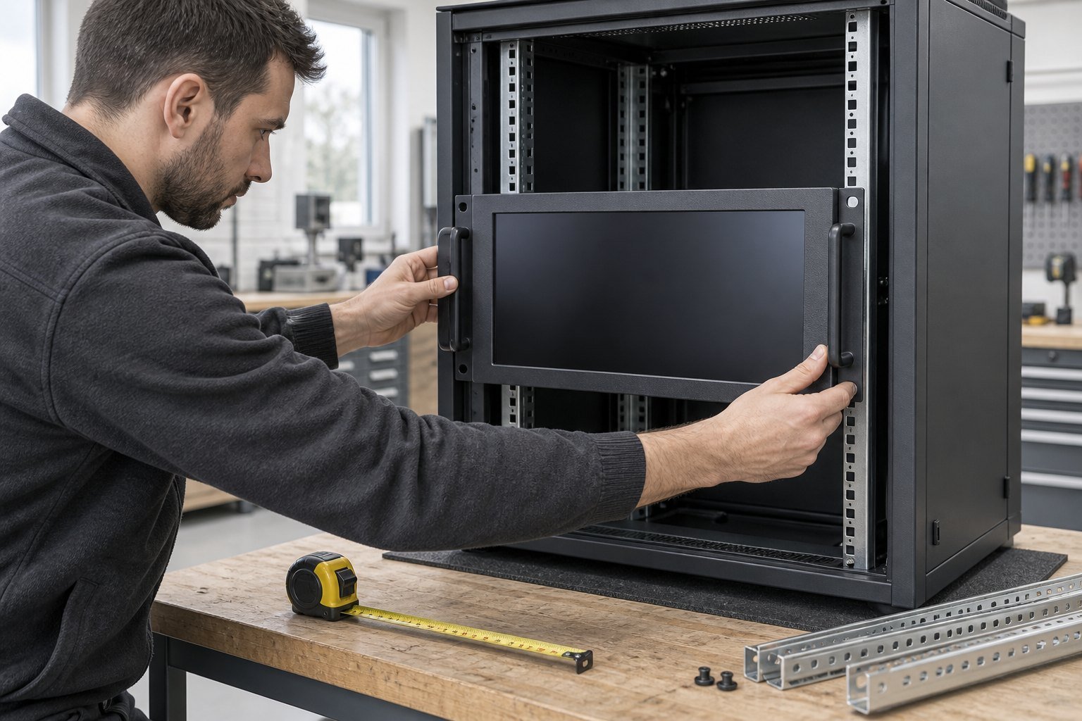 Measure the rack envelope Rack mount industrial monitor aligned with EIA-310 cabinet rails