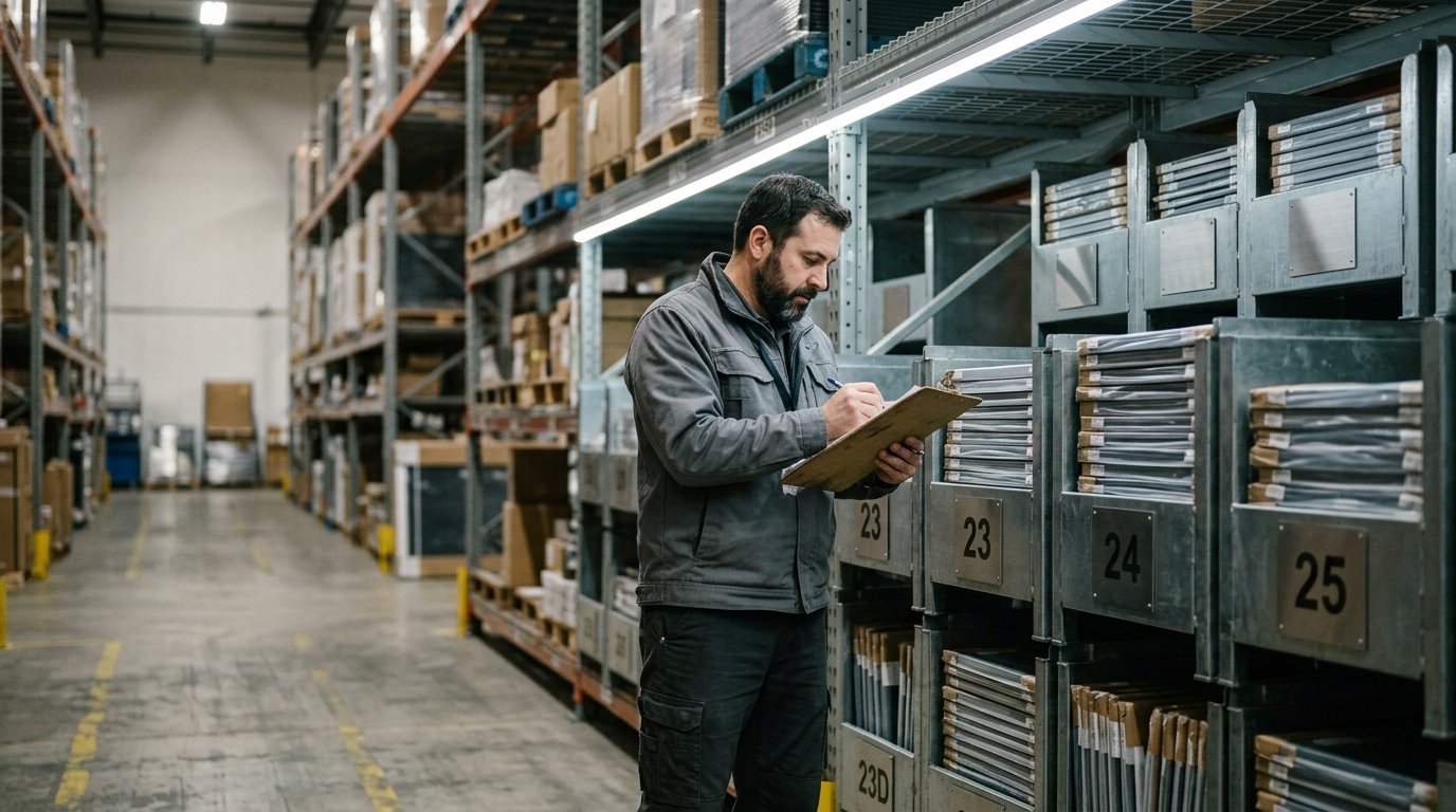Allocation tracking Warehouse technician checking industrial monitor lead times 2026 against a panel allocation board