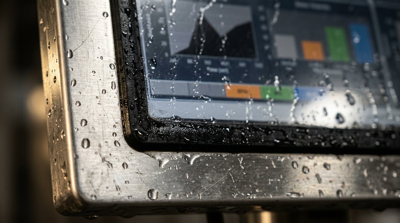 Washdown-rated front bezel Sealed front bezel of an industrial monitor after washdown at a fuel terminal