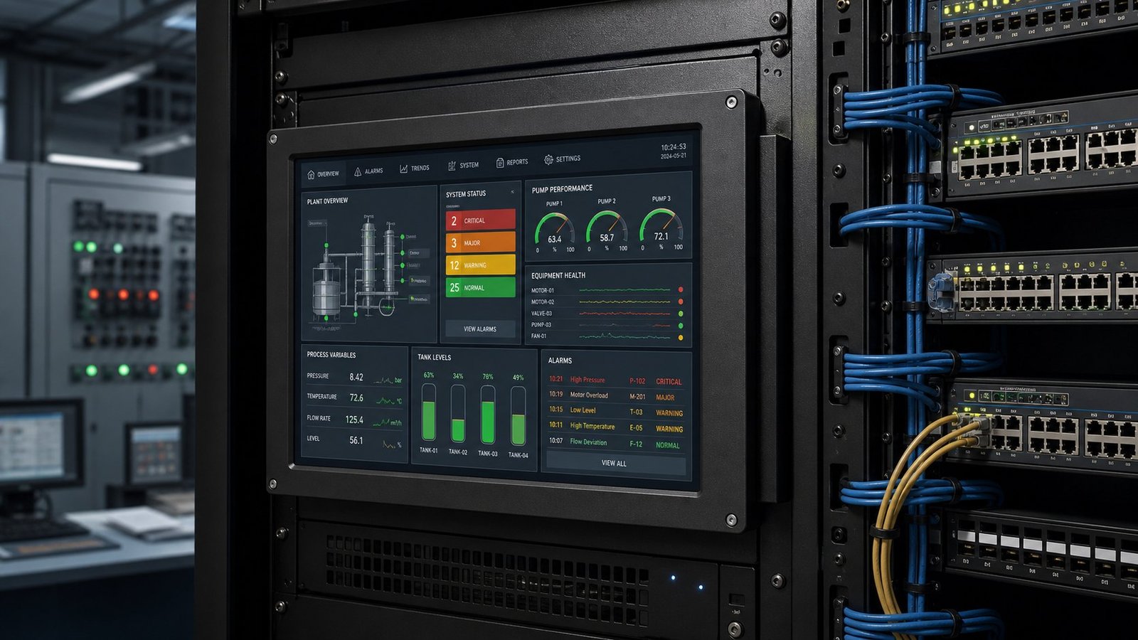 Industrial monitor in a control room rack showing wireless sensor data