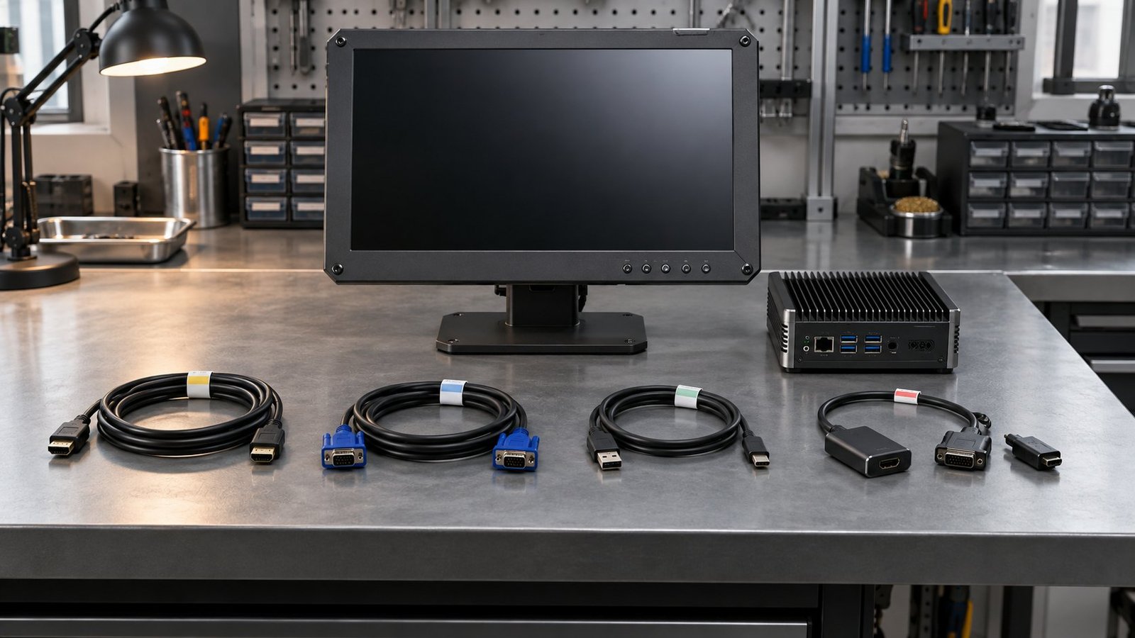 Source-to-display cable test Engineer testing HDMI, VGA and USB connections between a source computer and an industrial monitor
