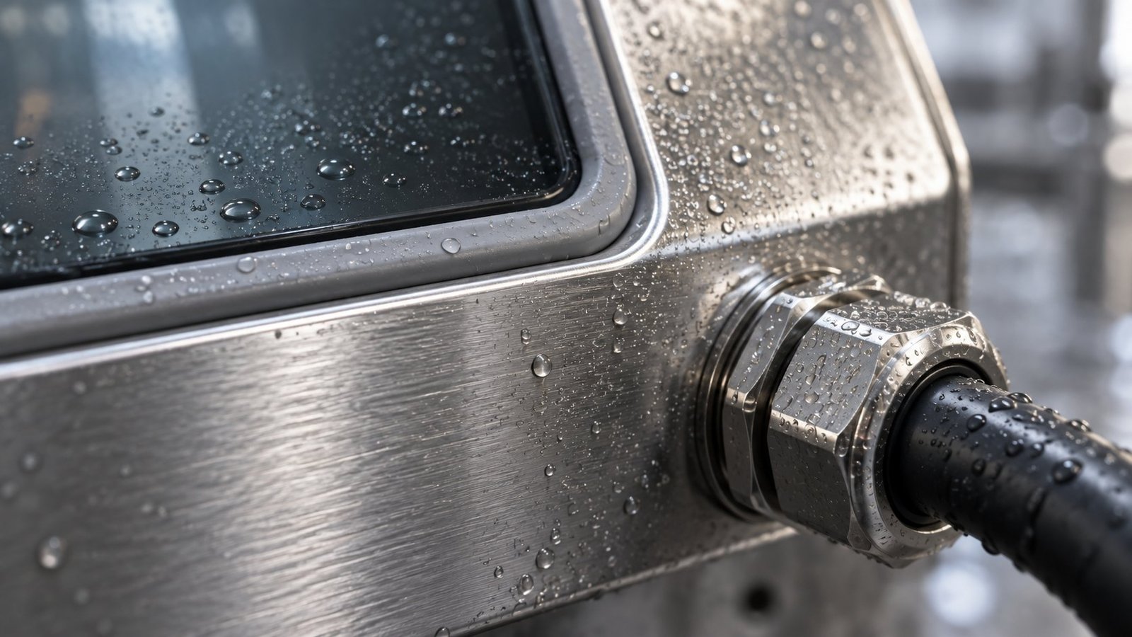 Gasket and gland detail Close-up of a stainless steel washdown display's continuous gasket seal and M12 cable gland