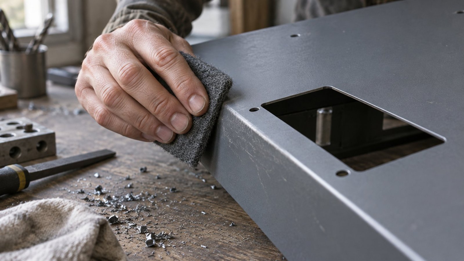 Panel surface prep before gasket seating Hand scuffing a painted panel surface with 320-grit abrasive before gasket compression on a panel mount monitor front plate
