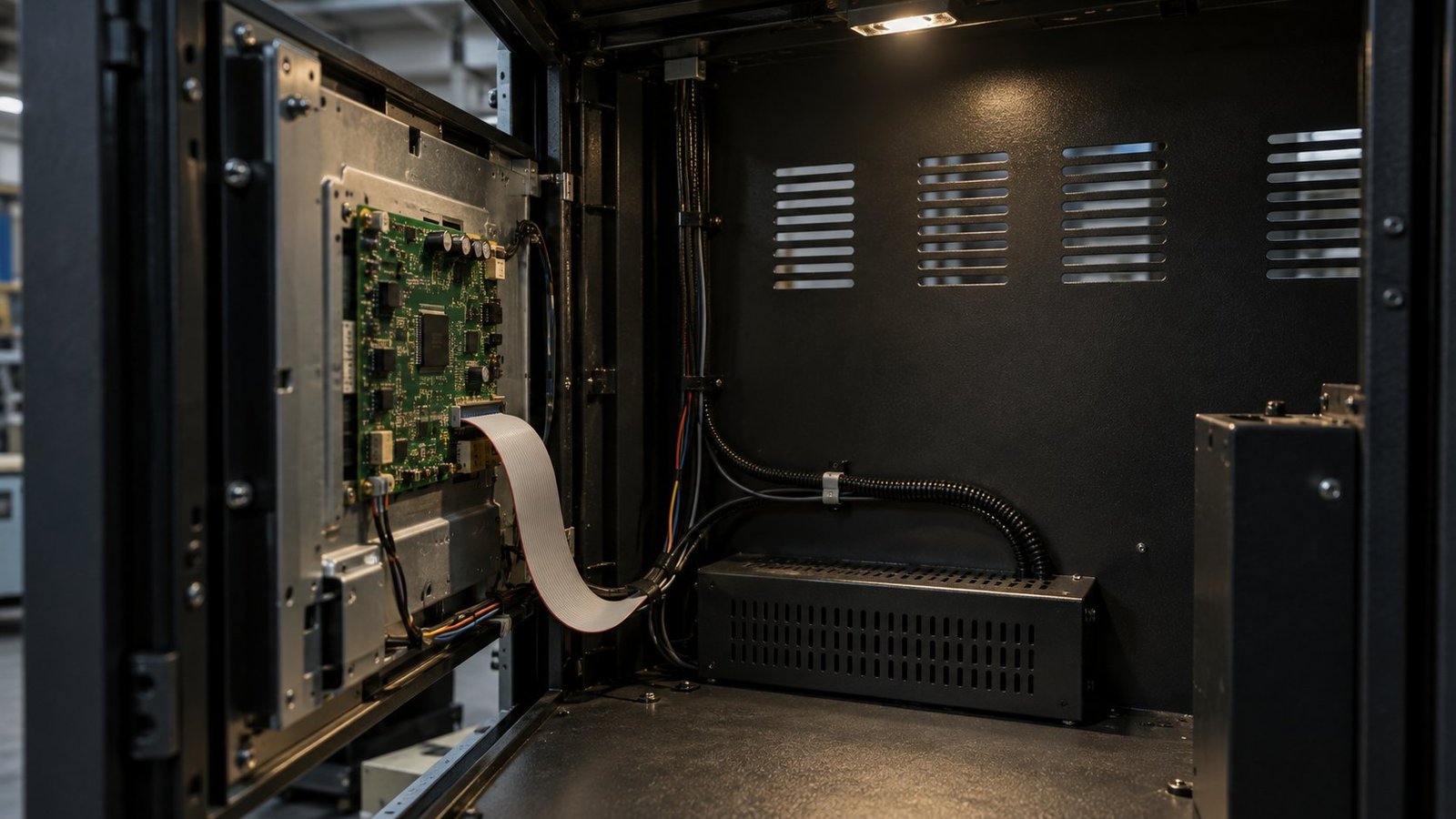 Freiraum hinter dem Panel Innenansicht eines Gehäuses mit Freiraum hinter einem Open Frame Einbau Monitor für Treiberplatine und Lüftung
