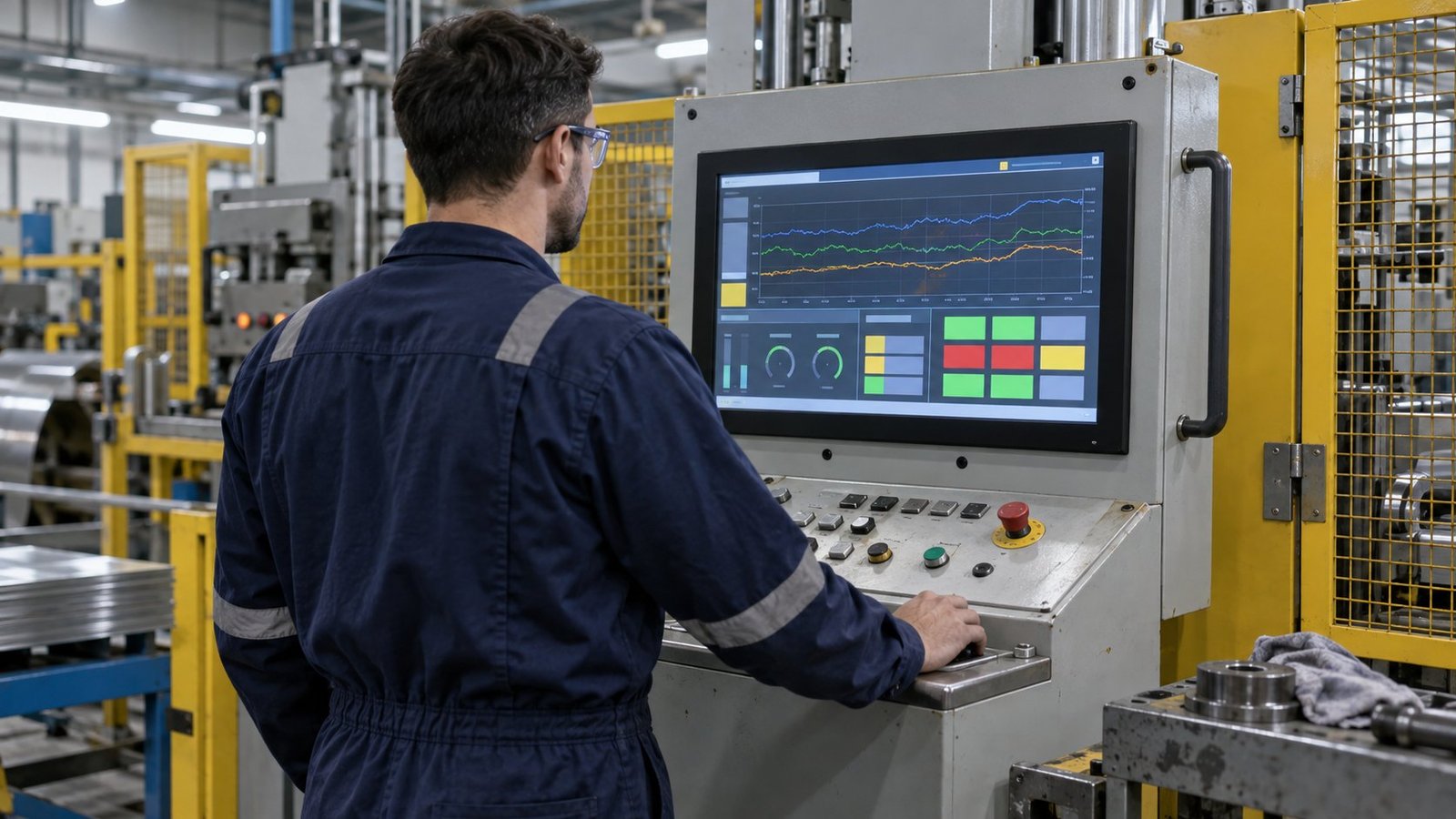 Reading distance Operator at a machine front reading a widescreen HMI replacing a 5:4 industrial display