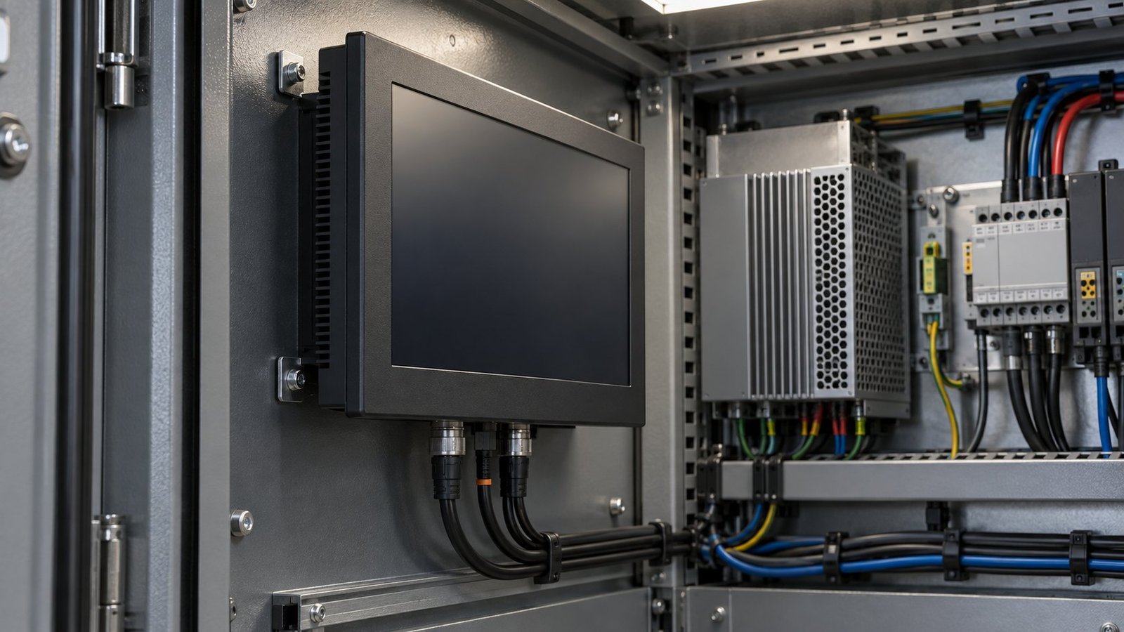 Heat inside the enclosure Fanless industrial display fitted in a warm metal control enclosure