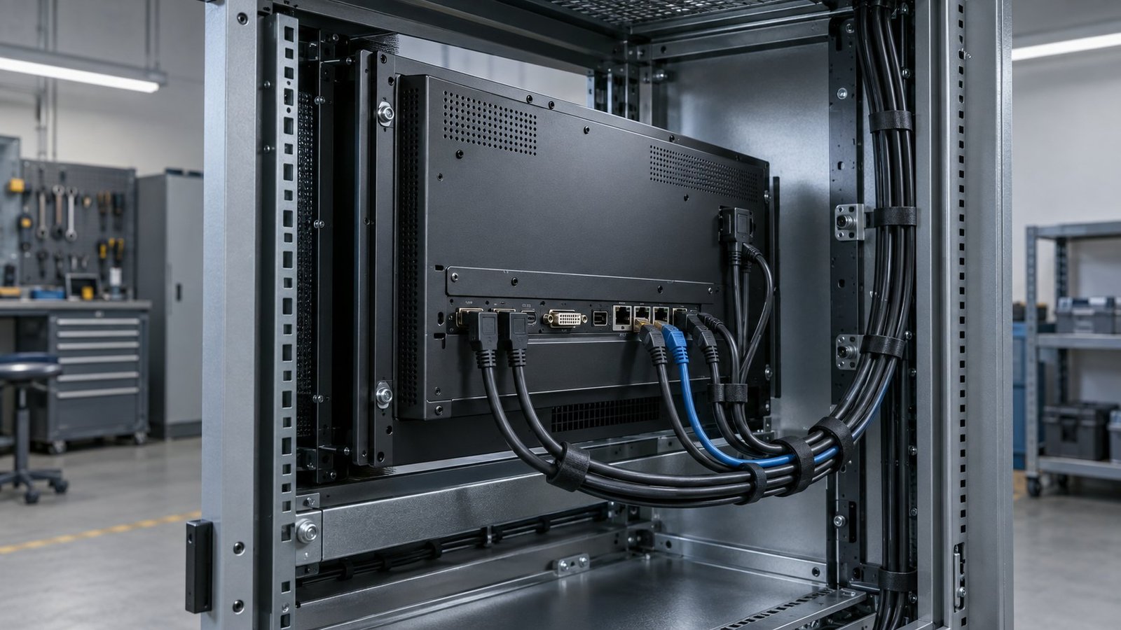 Inspect the rear clearance Rear three-quarter view of an industrial rack display with controlled cable bends