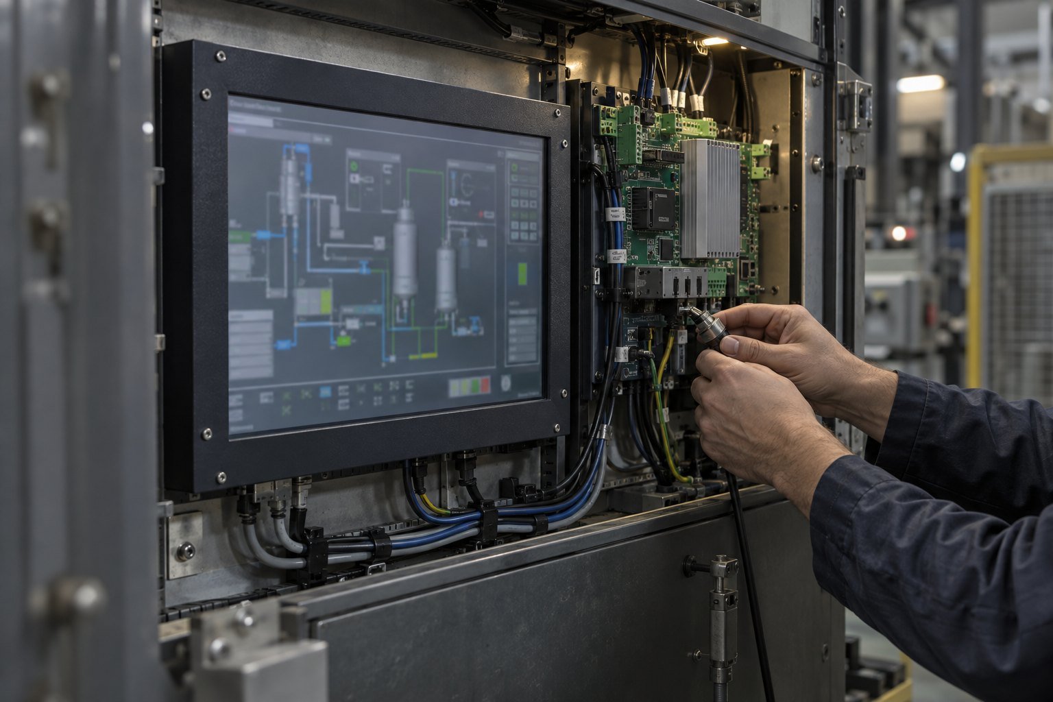 Industrial monitor replacement tested beside a machine controller