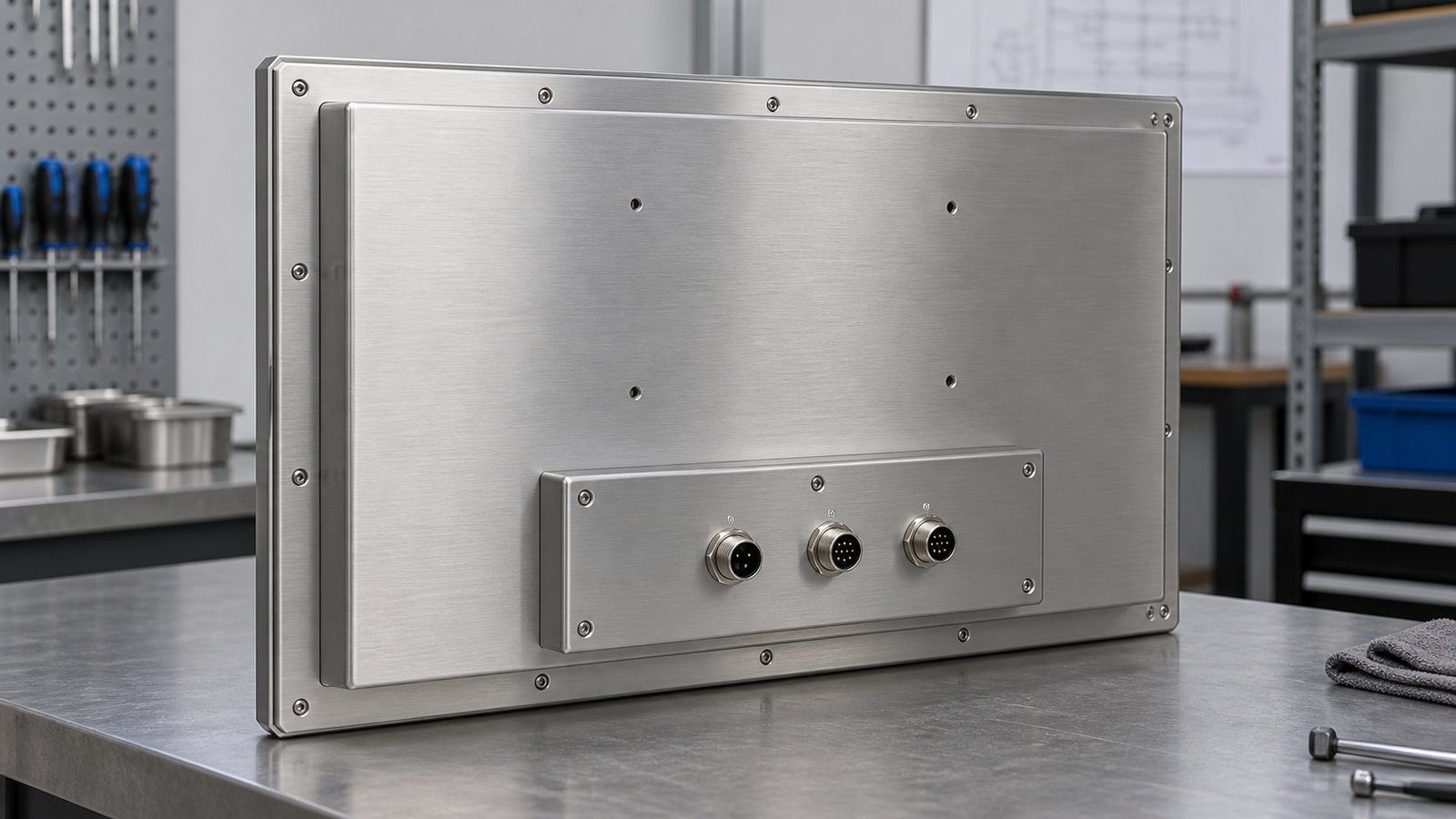 IronView rear connector housing Rear housing of an industrial panel mount monitor with M12 power and data connectors mounted on a metal plate