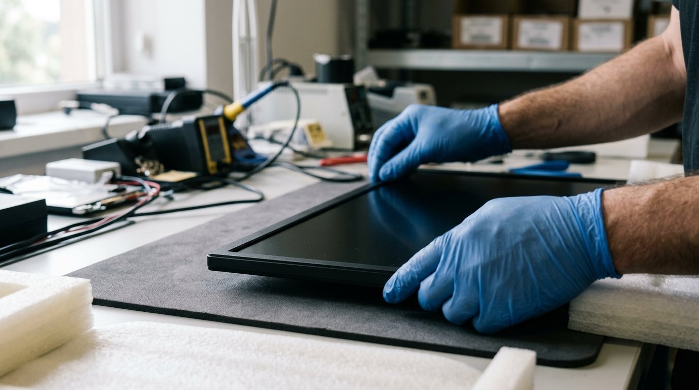 Pre-ship inspection Close-up of an 18.5 inch industrial monitor panel being inspected before packing