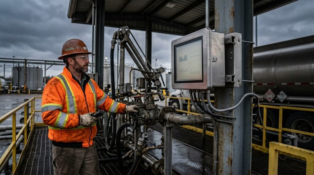 Loading rack monitors: sunlight-readable display mounted at a fuel gantry