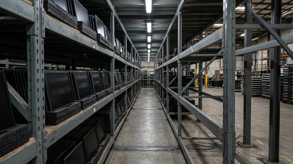 Stacked 17.3, 18.5 and 19 inch industrial monitor panels on warehouse allocation shelving