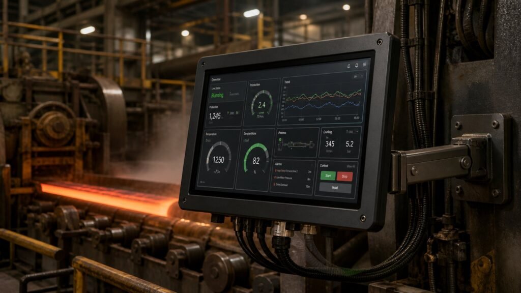 IronView industrial monitor installed on a factory production line