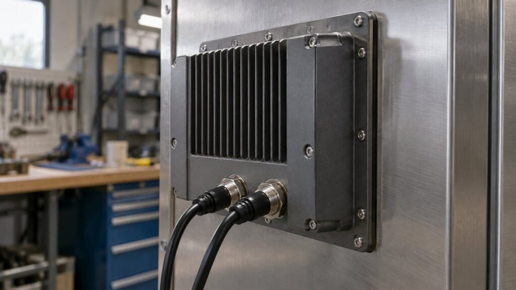 Rear housing of a sealed rear connectors panel mount monitor with M12 bulkhead connectors fitted through a steel panel