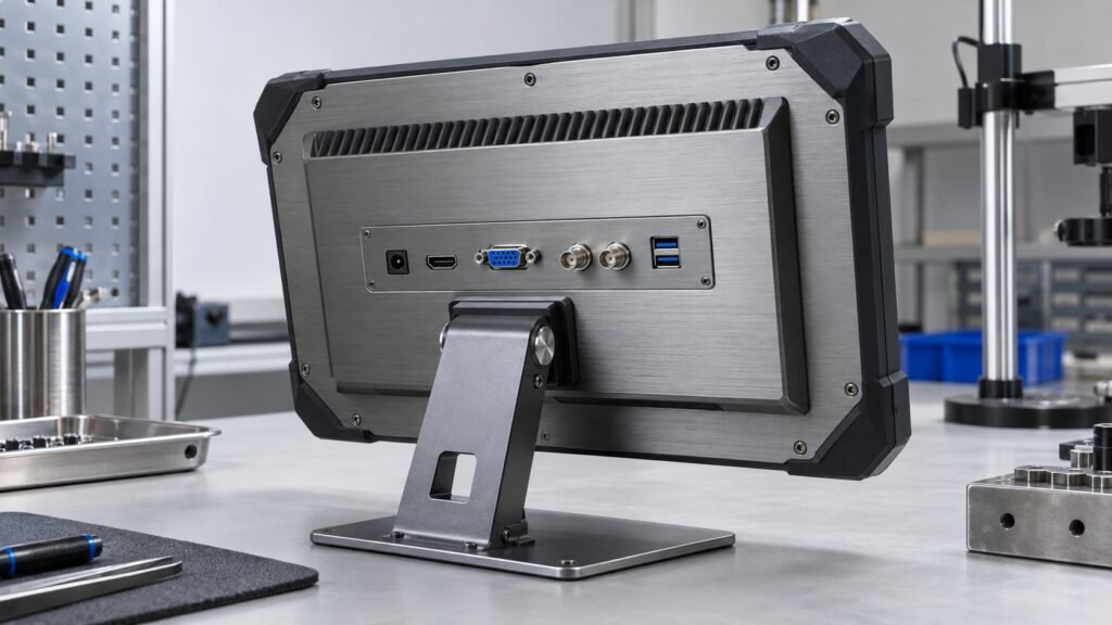 Rear view of an industrial monitor showing multiple signal and power connectors