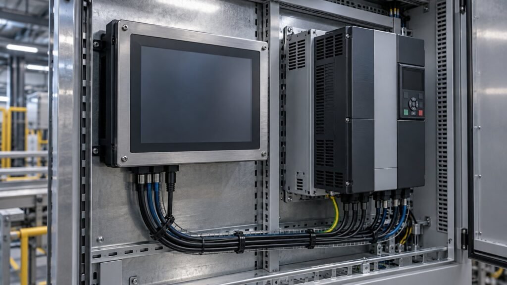 Industrial monitor EMC testing beside a variable-frequency drive cabinet