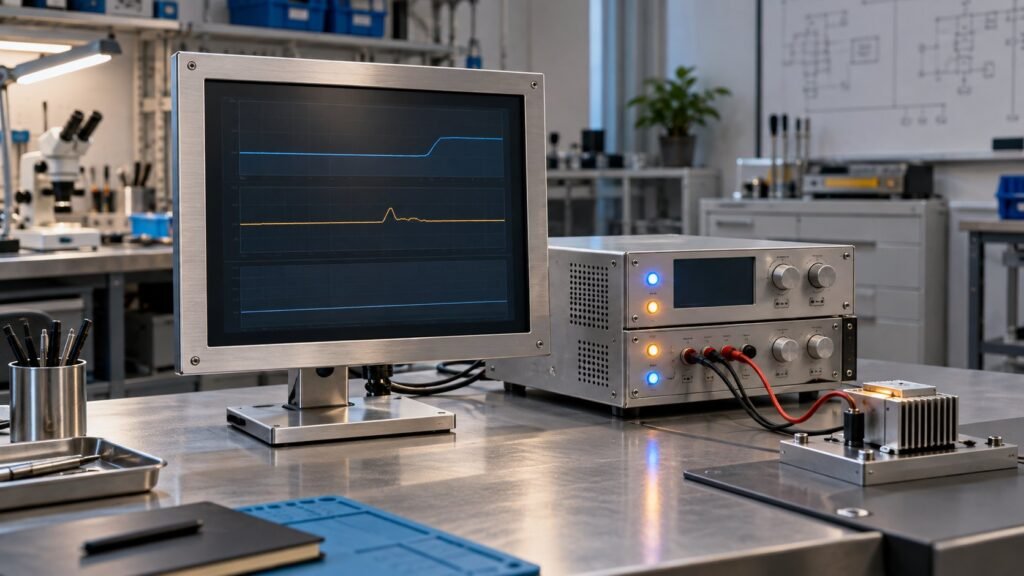19 industrial monitor 24V input connected to a controlled DC test bench
