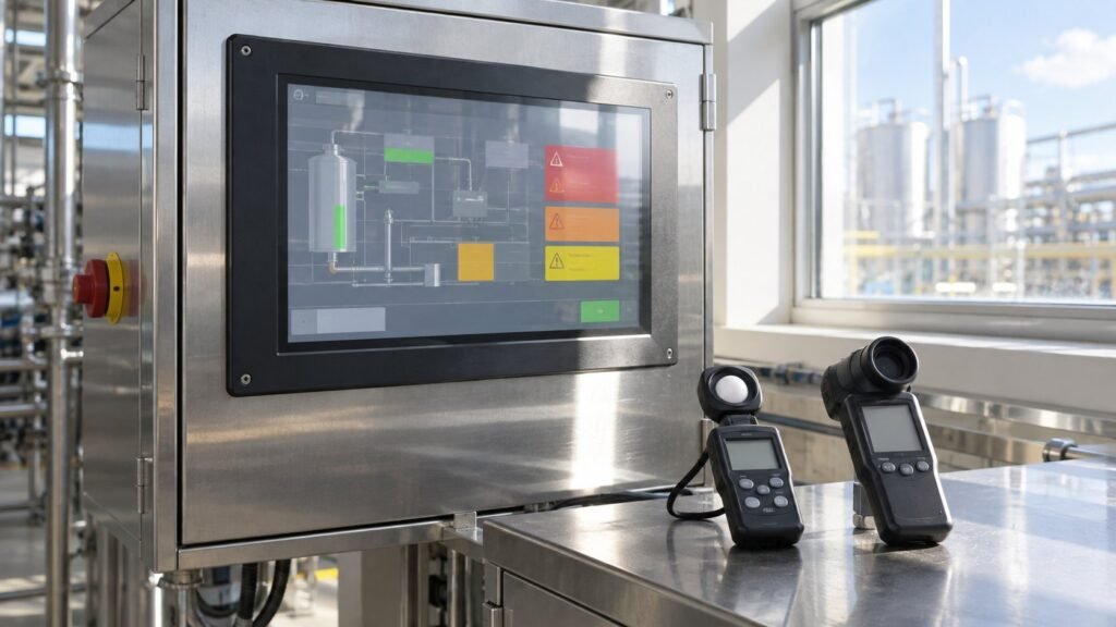 sunlight readable industrial monitor tested beside a production line window