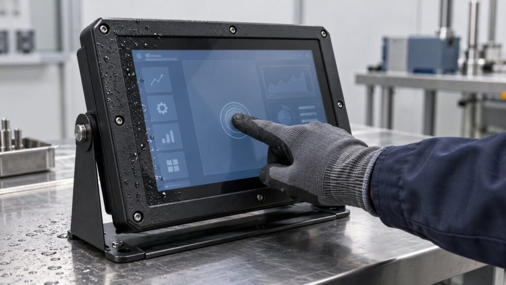 Rugged touch screen monitor gloves being tested with a wet-glove touch screen setup