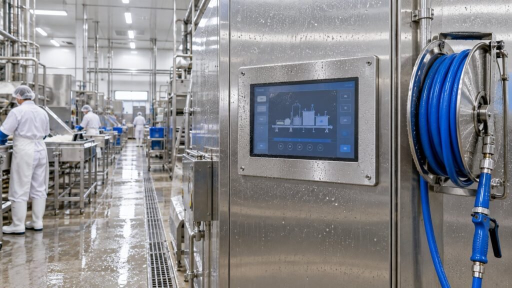 IP69K washdown monitor with stainless steel enclosure installed at a food and beverage washdown station