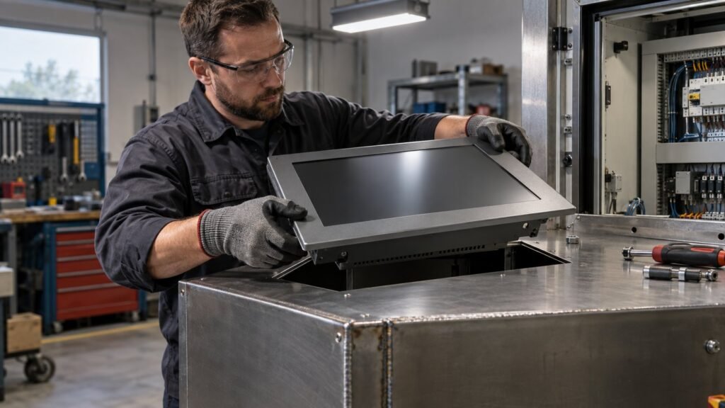 Technician fitting an einbau monitore mit frontplatte panel mount monitor into a steel enclosure cutout