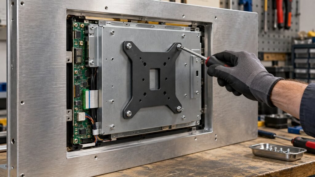 Open Frame Einbau Monitore Chassis wird über VESA-Bracket in ein Gehäuse montiert