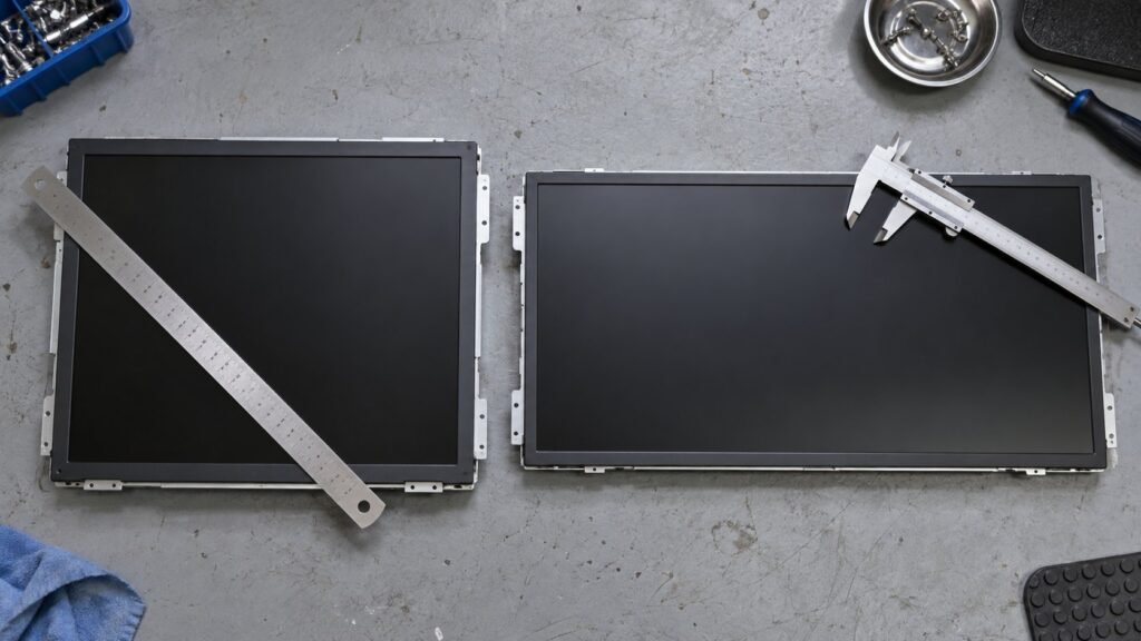 Dead 19 inch industrial monitor in 5:4 format beside a 16:9 replacement panel on a workbench
