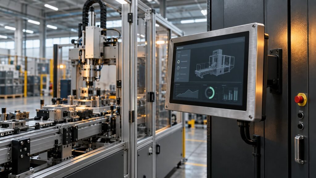 Industrial monitor installed beside automated factory equipment
