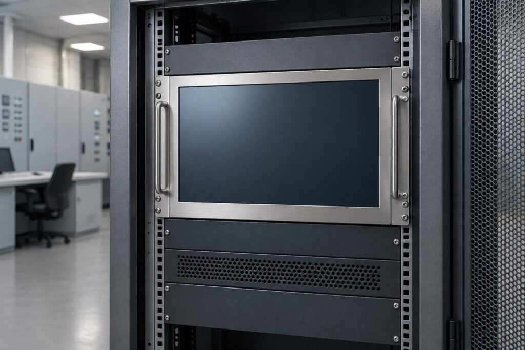 Rack mount industrial monitor installed in a 19-inch equipment cabinet